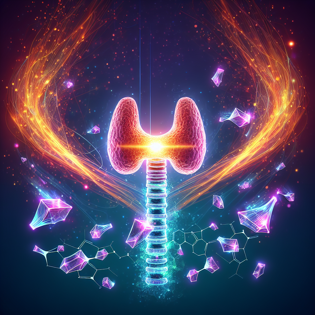 A vibrant, stylized illustration depicting a human thyroid gland at the center, radiating bright energy lines and a subtle internal glow. Elements of iodine, such as abstract purple crystal shards or molecular shapes, are subtly integrated into the energy flow around the gland, symbolizing its vital role in metabolism. The background is clean, modern, and energetic, conveying increased vitality, well-being, and a stimulated metabolism. Focus on bright, optimistic colors and a slightly futuristic, scientific art style.