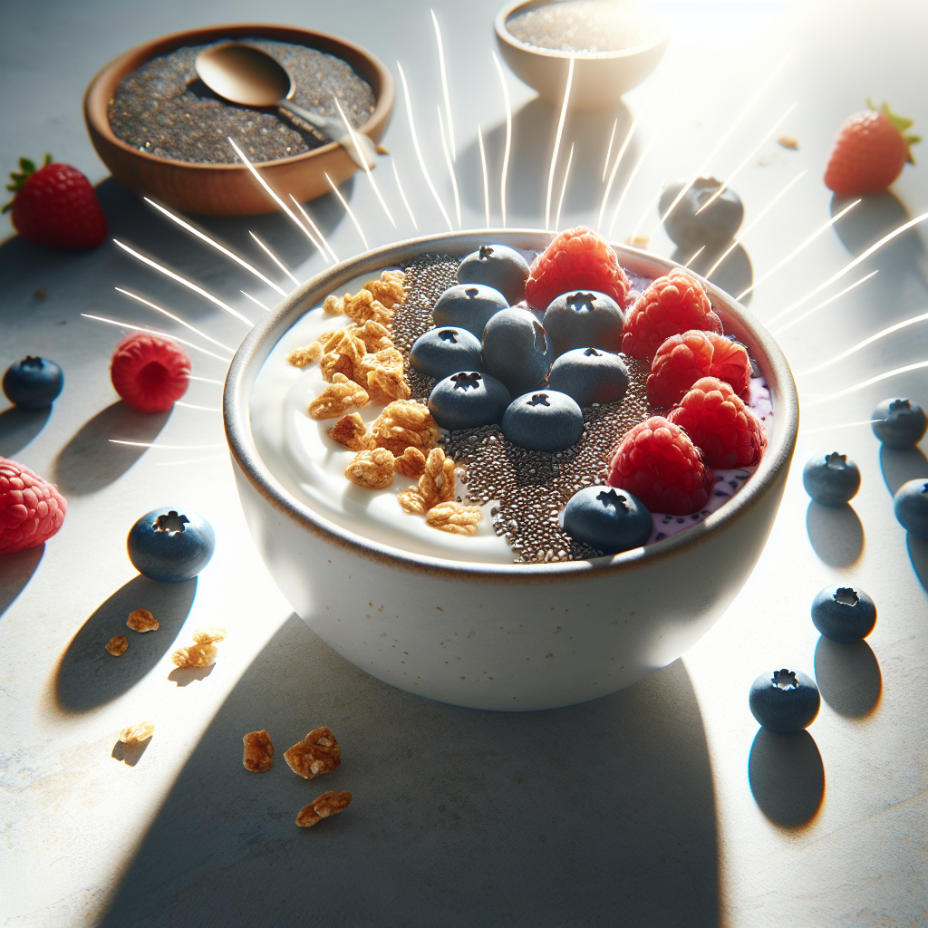 A vibrant and appetizing bowl of natural yogurt topped with fresh berries, chia seeds, and granola, set on a clean, light surface. Subtle, dynamic lines or a warm glow emanate from the bowl, metaphorically representing boosted metabolism and energy. The background is clean and bright, emphasizing health and wellness. Studio lighting, high-resolution food photography style.