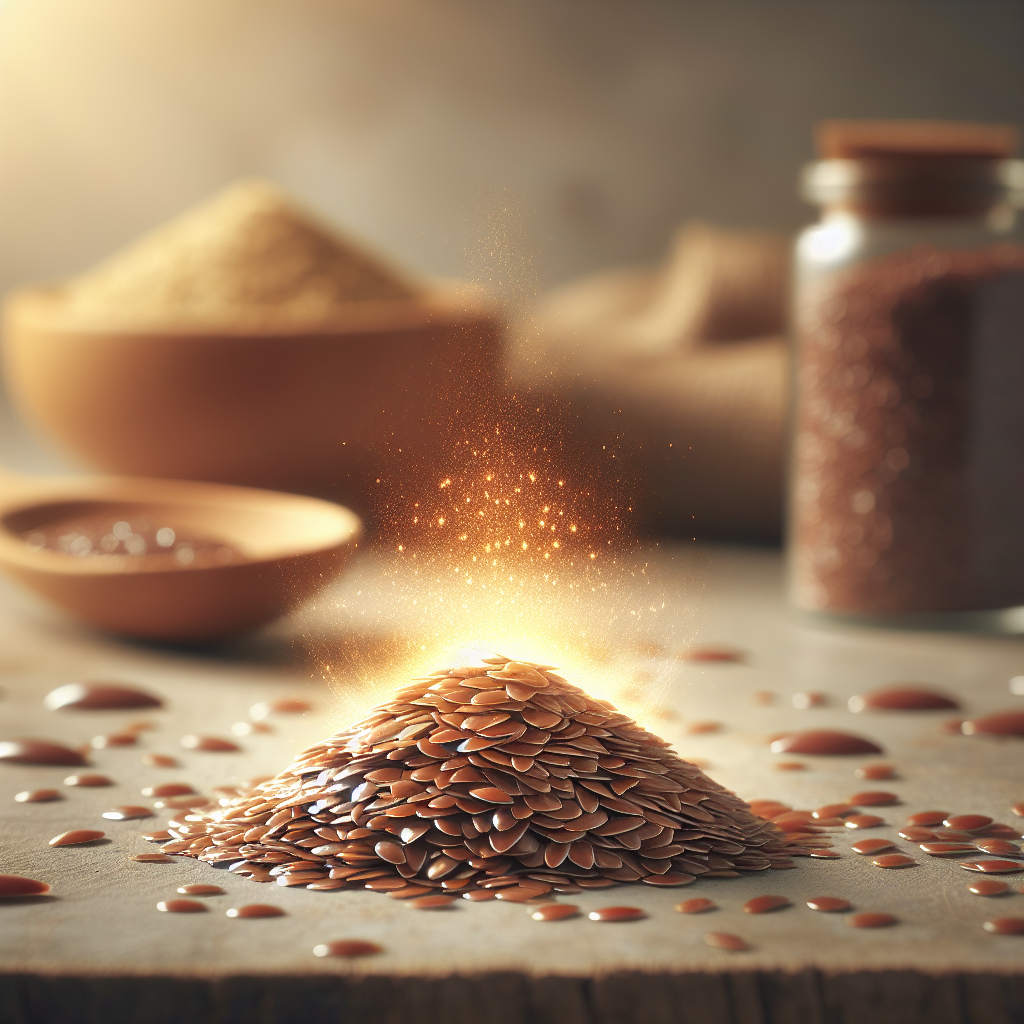 A visually appealing composition of a small, elegant pile of whole and ground flaxseeds on a natural, light-colored surface (e.g., light wood or stone). A subtle, warm, golden energy aura gently radiates from the flaxseeds, symbolizing a boost in metabolism and natural vitality. The background is clean and slightly blurred, suggesting a fresh, healthy environment. High-resolution, studio quality, natural light, focus on the seeds and their symbolic power.