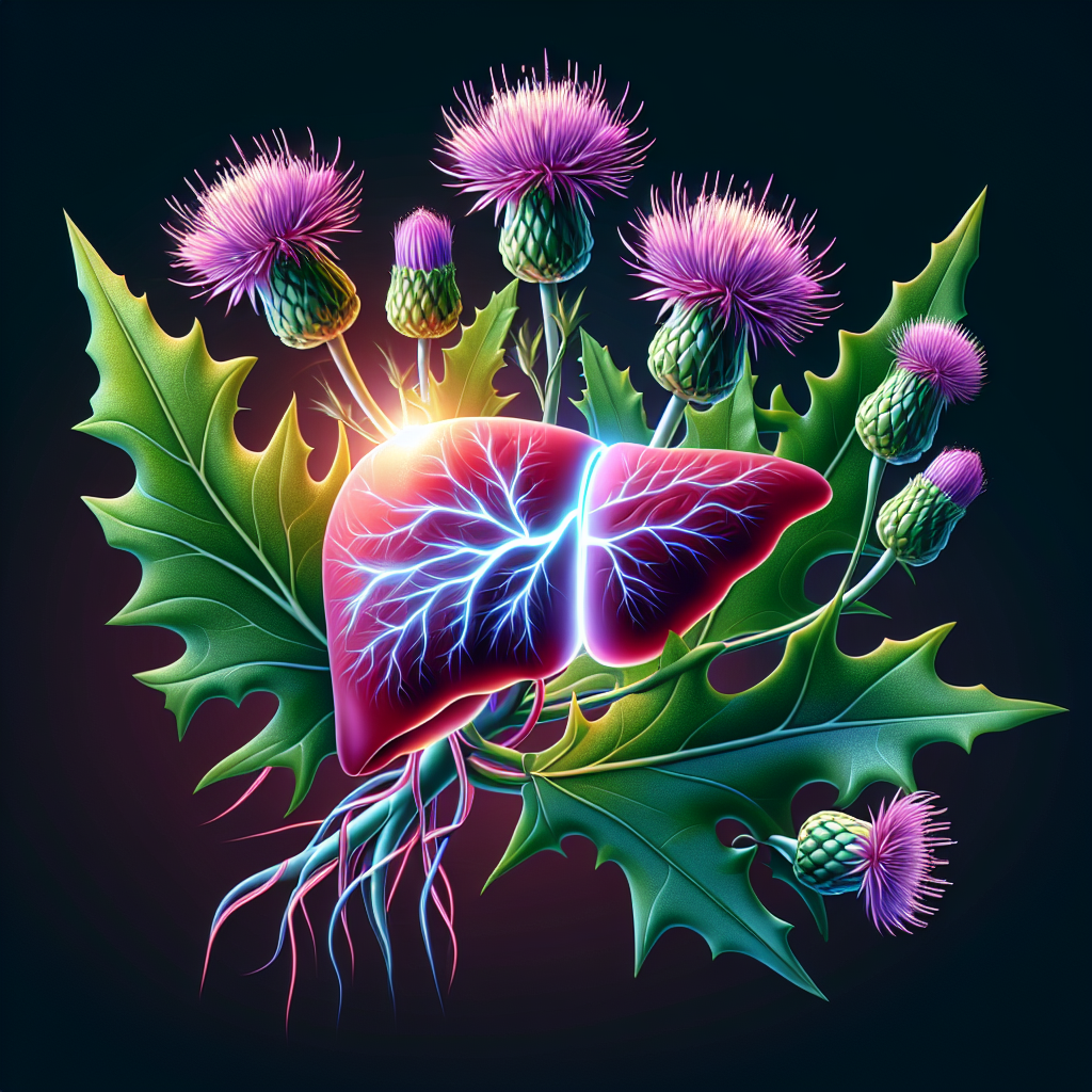 A vibrant, stylized illustration depicting the Milk Thistle plant (Silybum marianum) with its characteristic purple flowers and white-veined leaves. Intertwined with the roots or emerging from the plant, show a healthy, subtly glowing human liver. Dynamic, subtle energy lines or a light glow should emanate from the liver, symbolizing an active and boosted metabolism. The overall aesthetic should be clean, natural, and modern, with a focus on health and vitality, perhaps with a soft, warm light.