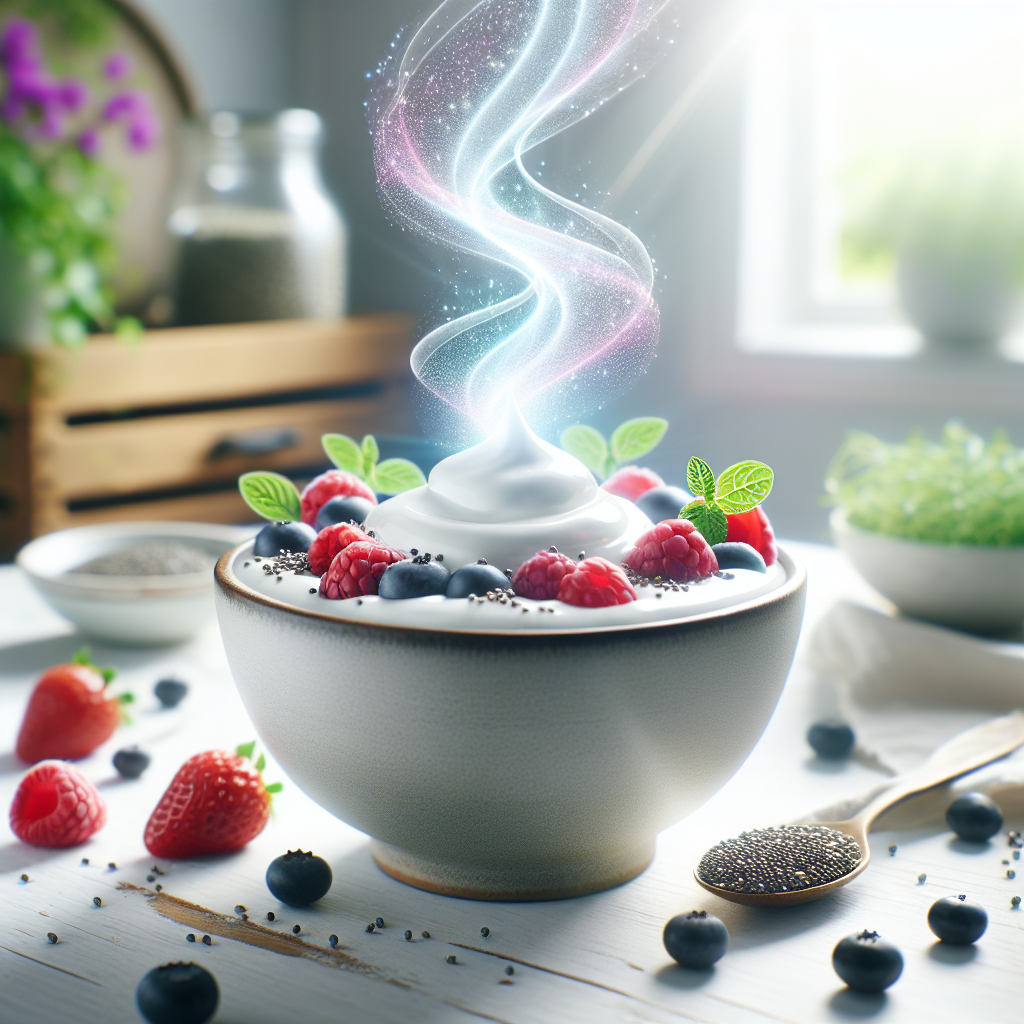 A vibrant, close-up shot of a fresh bowl of creamy white quark, garnished with a few colorful berries and chia seeds. Soft, ethereal energy lines subtly radiate upwards from the bowl, symbolizing boosted metabolism and vitality. The background is bright and clean, hinting at a healthy kitchen environment. Modern, inviting, and high-quality photography style.