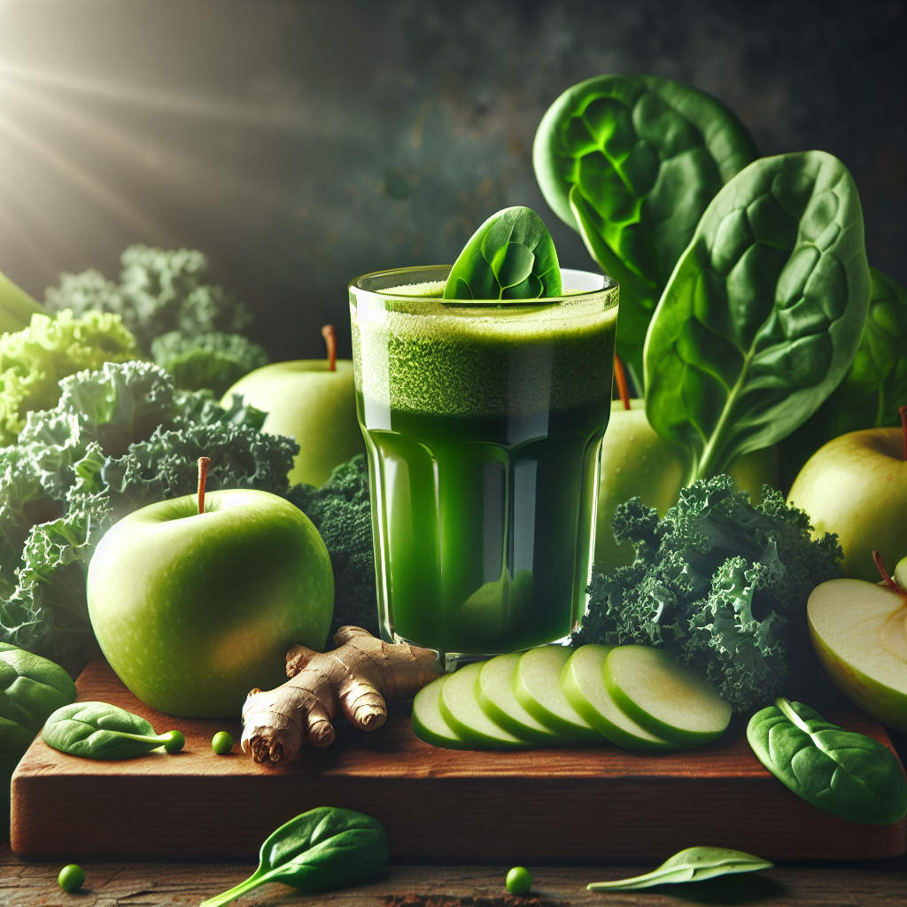A vibrant, freshly prepared green juice in a clear glass, surrounded by colorful fruits and vegetables like spinach, kale, green apples, and a slice of ginger. The scene should evoke health, freshness, and an energetic boost, with soft natural lighting and a clean, inviting background.