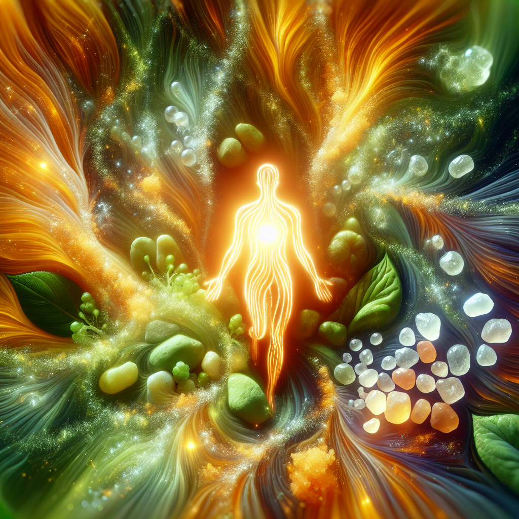 A vibrant and harmonious scene depicting the concept of metabolism being gently stimulated by natural mineral salts. Imagine a warm, glowing light emanating from the center of a stylized human form, surrounded by swirling, abstract lines representing active metabolic processes. Small, polished mineral crystals (like tiny, clean pebbles) are subtly integrated into a natural setting with lush green leaves and gentle earth tones, emphasizing natural well-being and balance. High-key lighting, soft focus, and a feeling of calm energy.