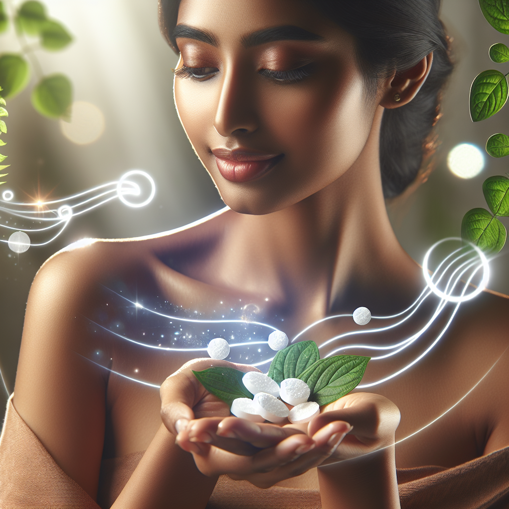 A serene and naturally lit scene, featuring a healthy, vibrant person (e.g., a woman) gently holding a few small, white Schüßler salt tablets in her palm. Around her, subtle visual elements representing a balanced metabolism are incorporated, such as glowing energy lines, fresh green leaves, or a gentle flow of light. The overall aesthetic should be calm, natural, and convey wellness and inner harmony, with a focus on natural healing and vitality. Soft, diffused lighting. Realistic yet slightly stylized.