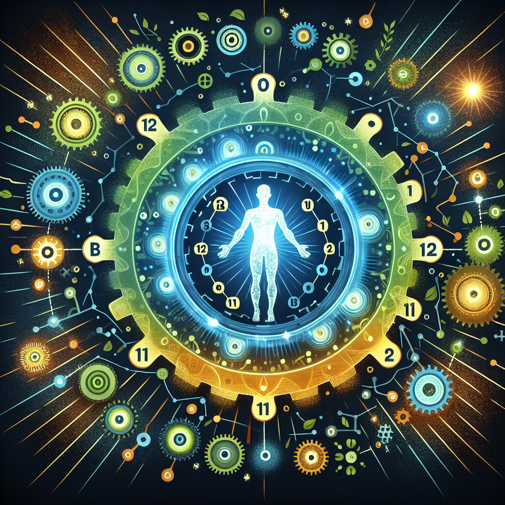 A vibrant, eye-catching illustration for a health blog. In the center, a stylized, glowing Vitamin B12 molecule powers intricate gears, representing a healthy, active metabolism. Surrounding elements suggest energy, vitality, and well-being, like subtle light rays or abstract healthy body outlines. The color palette is fresh and invigorating, focusing on blues, greens, and yellows. Clean, modern, and optimistic style.