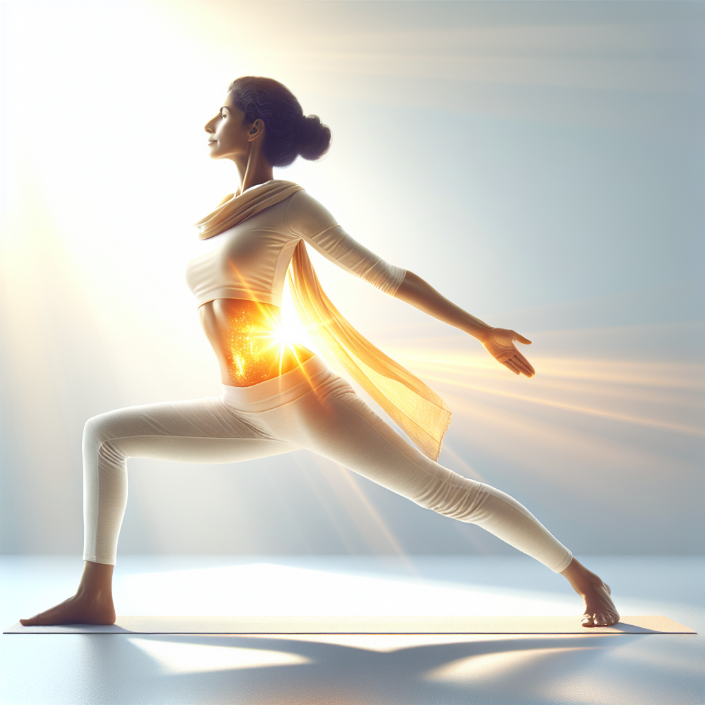 A person in a graceful, dynamic yoga pose, such as Warrior II or Upward-Facing Dog, radiating a soft, warm, golden energy from their core and stomach area, symbolizing an activated metabolism and inner vitality. The setting is bright, clean, and serene, suggesting wellness and peaceful strength. Modern, minimalistic style with a focus on natural light.