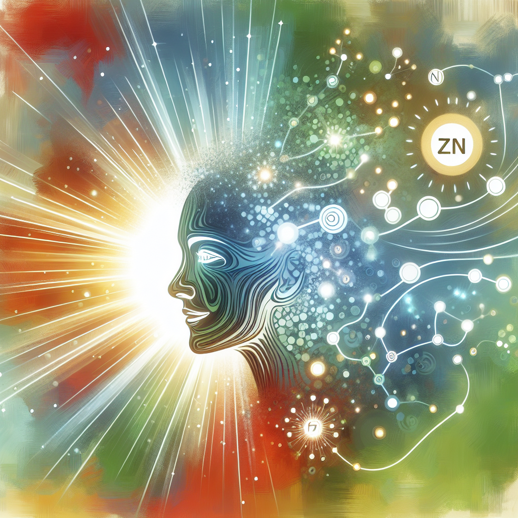 A vibrant, energetic person with a radiant glow, subtly surrounded by stylized, microscopic zinc molecules (Zn) and abstract representations of metabolic pathways glowing with energy. The background is a soft, harmonious blend of health and wellness colors, emphasizing vitality and well-being in a modern, clean, and slightly abstract style.