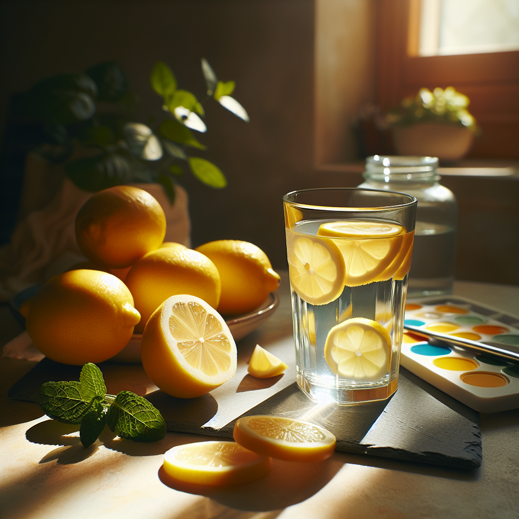 A vibrant and refreshing image of a glass of warm water with freshly squeezed lemon juice, placed on a sunlit kitchen counter. Fresh, bright yellow lemons, both whole and sliced, are artfully arranged next to the glass. The scene should evoke a sense of healthy morning routine, energy, and wellness, with a clean and inviting aesthetic.