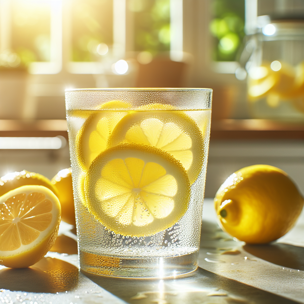 A refreshing glass of lemon water with fresh lemon slices on a bright, sunlit kitchen counter. The scene evokes a sense of morning freshness, natural energy, and a healthy metabolism boost, with a vibrant, clean aesthetic.