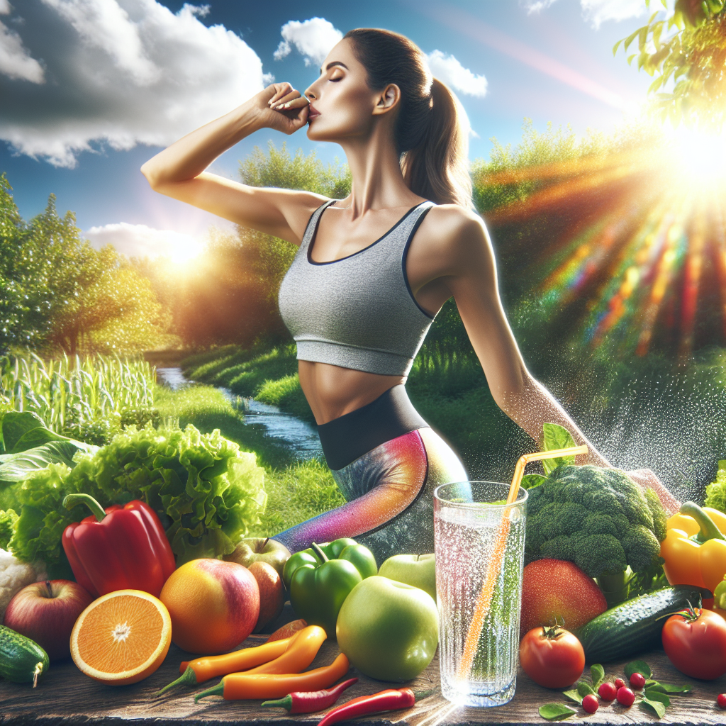 A vibrant, healthy person feeling energized and active, surrounded by fresh fruits, vegetables, and a glass of sparkling water, against a bright, sunlit natural background. The image should convey a sense of vitality, natural well-being, and a boosted metabolism. Clean, inspiring photographic style.
