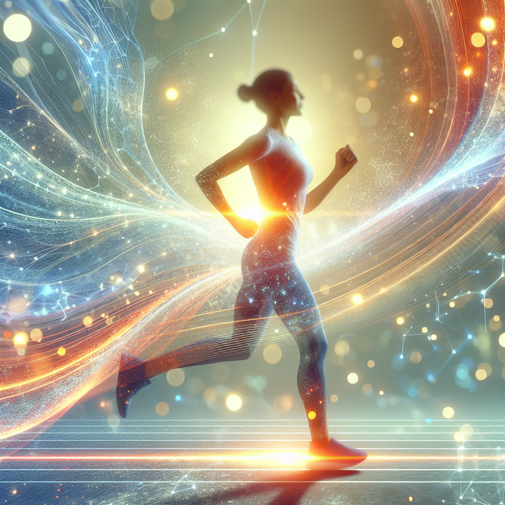 A vibrant and energetic person, mid-stride during a brisk walk or light jog, surrounded by subtle, flowing light trails or glowing particles that symbolize a boosted metabolism and internal vitality. The scene is bright, optimistic, and conveys health and an active lifestyle. Modern digital art with dynamic lighting.