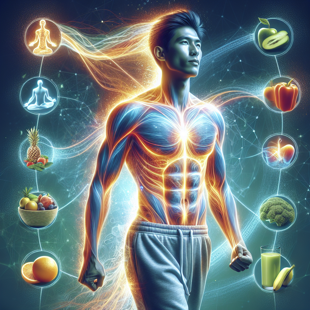 A vibrant, energetic person with a visible inner glow and dynamic lines of energy flowing through their body, symbolizing a powerfully boosted metabolism. The person appears active and revitalized, with healthy elements like fresh food and gentle exercise subtly hinted at in the background. The scene conveys a sense of renewed vitality and overcoming sluggishness after a period of calorie restriction. Digital art, clean bright style.