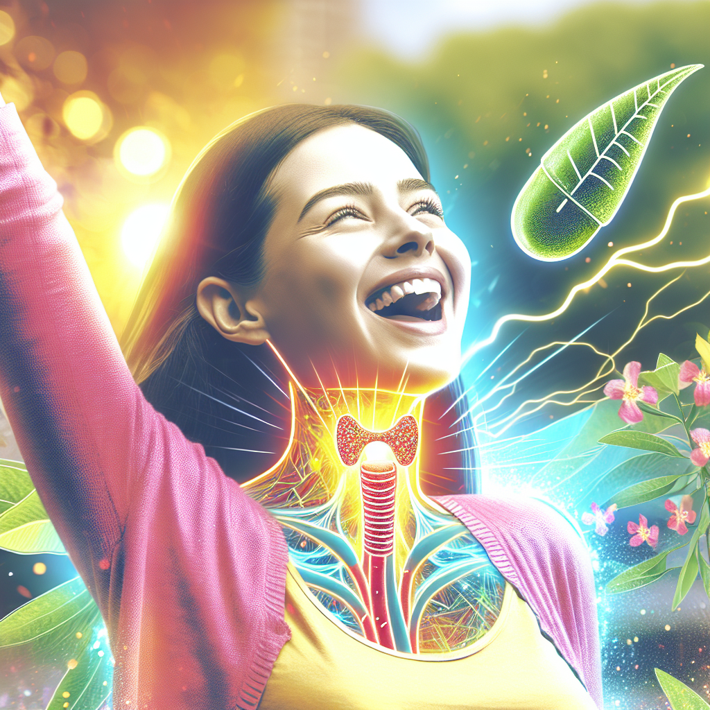 A vibrant and optimistic image of a person, gender-neutral, smiling and moving with renewed energy. Subtle visual cues hint at metabolism being boosted, perhaps through dynamic lines or light radiating from within. In the foreground, elements like a small, stylized thyroid gland or a single pill on a leaf could represent thyroid health and hormone therapy. The setting is bright and encouraging, perhaps an outdoor scene, emphasizing well-being and an active lifestyle after a medical change. The overall mood is hopeful and empowering.