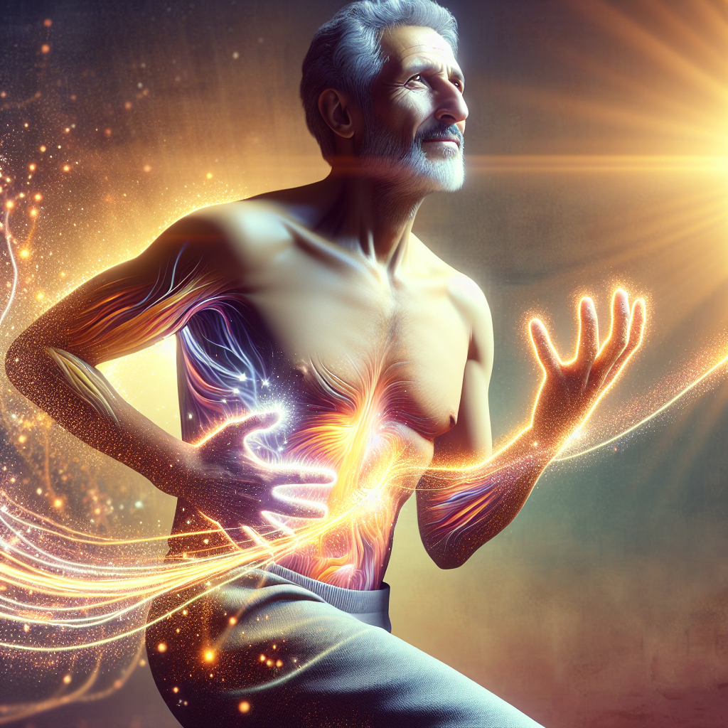 A person with a refreshed and energized expression, stretching gently in the warm glow of morning sunlight, symbolizing an awakened metabolism and a vibrant start to the day. Subtle, dynamic light particles emanate from their body, illustrating an internal energy boost. Focus on a feeling of freshness and well-being. Digital art, inviting color palette.