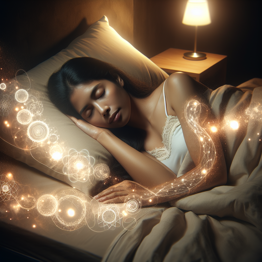 A serene and peaceful scene of a person sleeping soundly in a cozy bed at night. Subtle, ethereal glowing energy lines or abstract gears are gently visible around their body, symbolizing an active metabolism and fat burning during sleep. Soft, warm moonlight streams into the room, creating a calm atmosphere. Realistic, slightly dreamlike style.