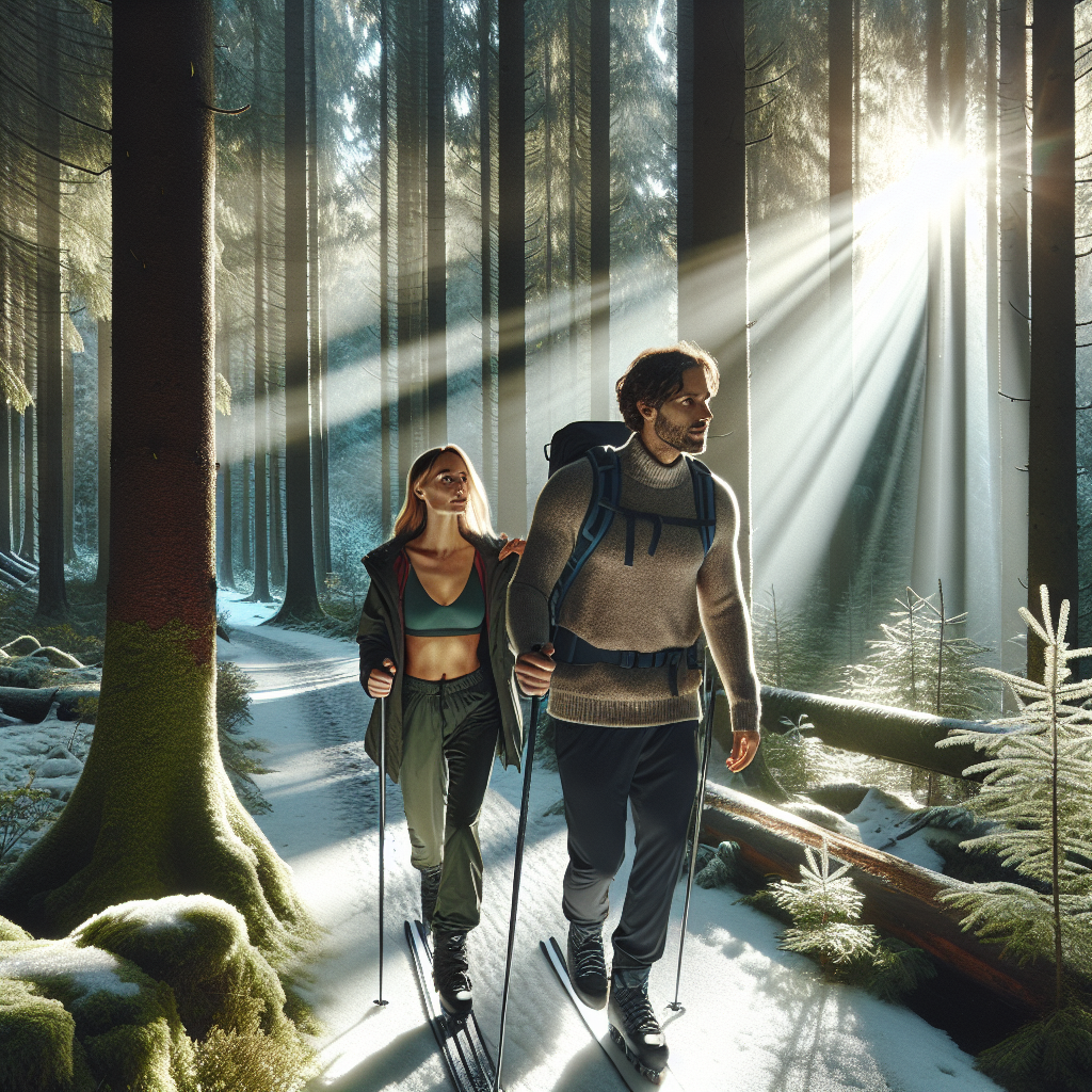 A person actively Nordic walking on a scenic trail in a beautiful Scandinavian forest, with patches of snow on the ground and sunlight filtering through the tall pine trees. The atmosphere is fresh, invigorating, and healthy, emphasizing natural beauty and an active lifestyle. Realistic photo.