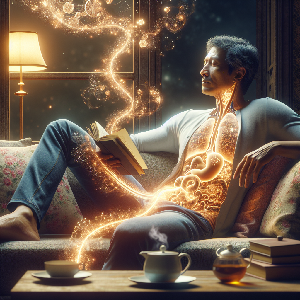 A cozy and tranquil indoor scene. A person is comfortably relaxed on a sofa, perhaps reading a book or sipping tea, clearly not engaged in physical activity. From their torso area, subtle, glowing energy streams or abstract, gentle gears are visibly and aesthetically turning, symbolizing an active and boosted metabolism without any physical movement. The overall atmosphere is serene, healthy, and inviting. Detailed digital art with warm, soft lighting.