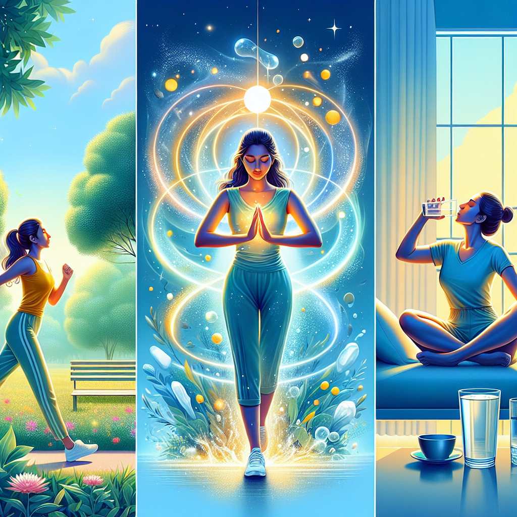 A person with a visible aura of energy and vitality, engaged in a sequence of non-food related, metabolism-boosting activities: brisk walking in a park, gentle stretching in a bright room, and drinking a glass of fresh water. The scene emphasizes health, movement, and hydration, with no food items present. Modern, clean, and uplifting aesthetic, bright natural lighting.