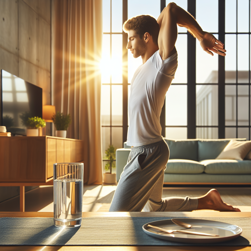 A vibrant, energetic person, gender-neutral, performing a gentle morning stretch in a sunlit, modern living room. A clear glass of fresh water is prominently placed on a table nearby. The atmosphere is serene and invigorating, highlighting a feeling of natural awakening and metabolic boost. No breakfast food or dishes are visible in the scene, emphasizing a fasted state. The style is clean, bright, and slightly aspirational, symbolizing a healthy start to the day without a meal.