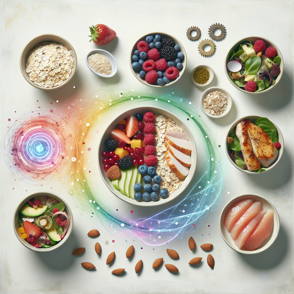 A vibrant flat lay photo of several small, balanced, and healthy meal portions arranged neatly on a light, clean surface. Include items like a small bowl of oats with fresh berries, a modest salad with a light vinaigrette featuring olive oil, a small portion of lean grilled chicken or fish, and a handful of almonds. In the background, subtly integrate abstract visual elements of flowing energy or gentle gears, symbolizing an active and efficient metabolism. The overall aesthetic is bright, fresh, and inviting, suggesting ease of digestion and good health, with high-key lighting.