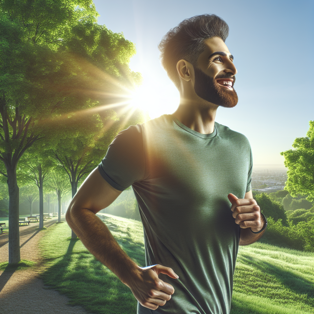 A vibrant and energetic person, full of natural vitality, is briskly walking or lightly jogging through a sun-drenched park in the early morning. They have a healthy glow, a happy, active expression, and are surrounded by lush green trees and a clear blue sky. The image should convey a sense of natural energy, well-being, and a boosted metabolism, with absolutely no coffee or caffeinated drinks in sight. The overall mood is fresh, positive, and invigorating. Photorealistic.