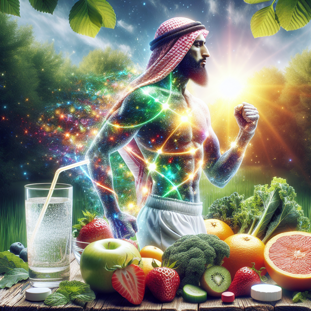 A vibrant, energetic person (gender-neutral, diverse) is depicted in a bright, natural setting, such as a sunny garden or park. They are surrounded by fresh, colorful fruits and vegetables (e.g., berries, citrus, leafy greens), a clear glass of water, and subtle visual cues of light physical activity like a morning jog or stretching. The scene should evoke a strong sense of natural vitality, health, and well-being, emphasizing a wholesome approach to boosting energy without any medication or pharmaceutical elements visible. The overall aesthetic is fresh, invigorating, and optimistic.