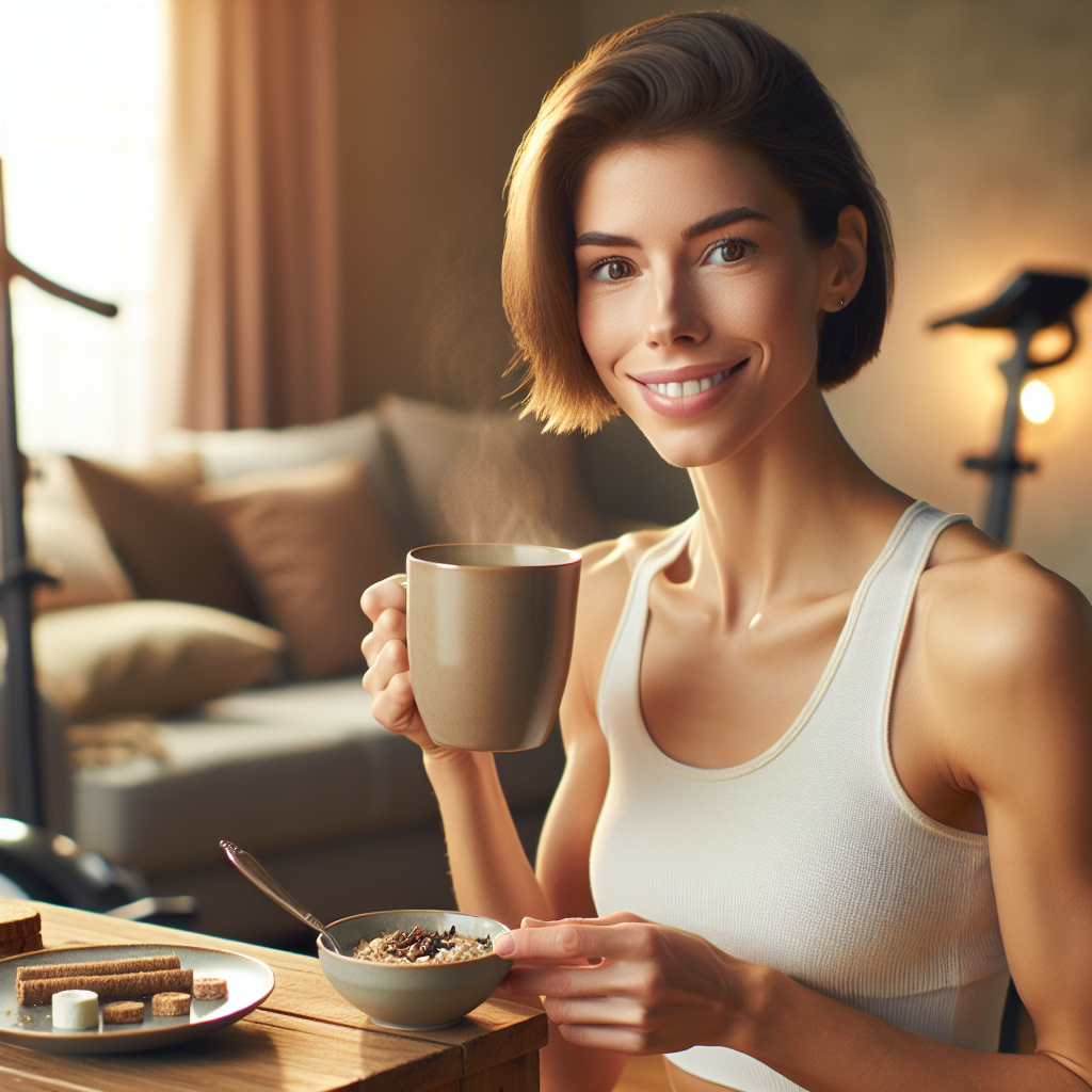A person looks healthy and energetic while relaxing in a cozy home environment, perhaps enjoying a cup of herbal tea or a light, protein-rich snack. There is no exercise equipment visible. The image conveys a sense of quiet vitality, inner strength, and well-being achieved through simple, everyday routines. Soft, warm, natural lighting. Realistic style.