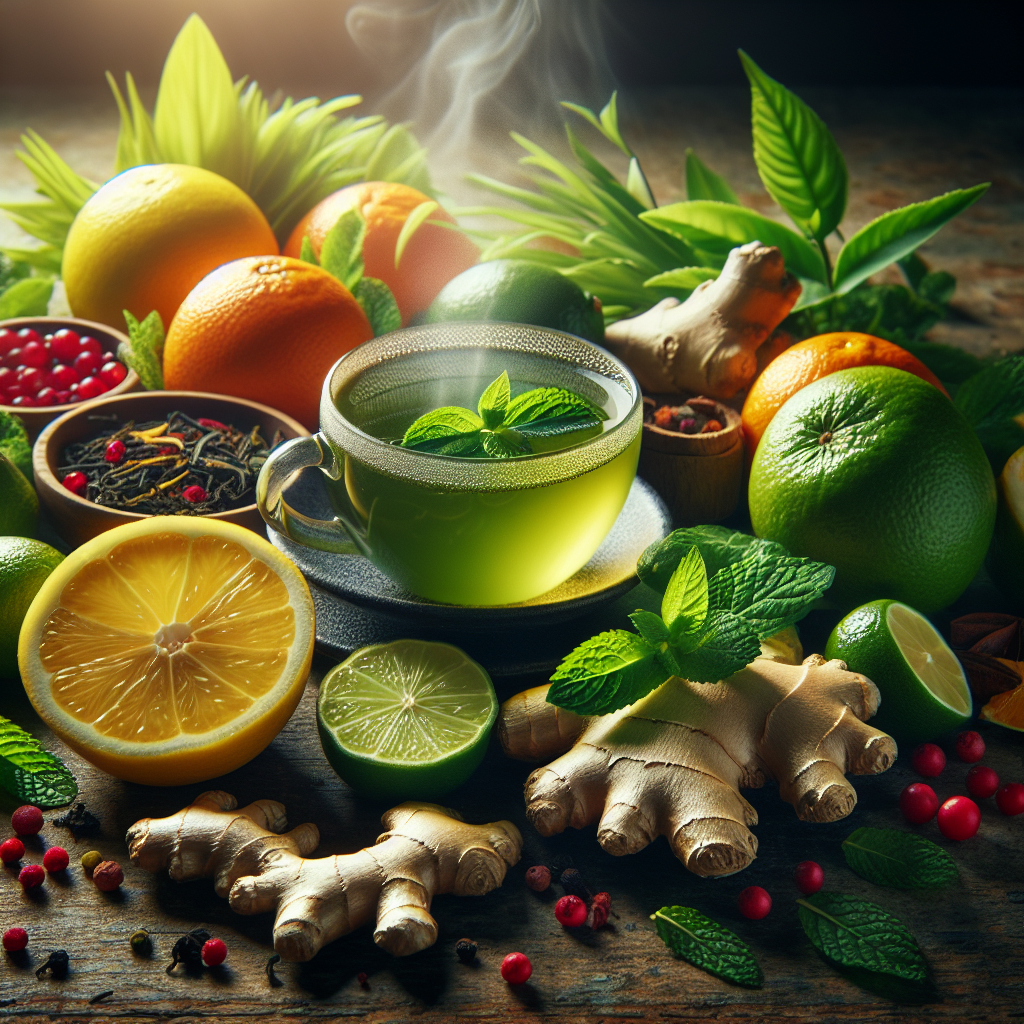 A vibrant and energetic still life composition featuring a steaming cup of green tea, surrounded by fresh green tea leaves and sliced ginger root. Artfully arranged around these central elements are other colorful, healthy plant-based ingredients like bright citrus fruits (lemons, oranges), a scattering of red berries, and fresh mint leaves, all resting on a natural wooden surface. Soft, natural sunlight highlights the freshness and vitality of the ingredients, creating an uplifting and healthy atmosphere that evokes the concept of boosting metabolism and energy through natural plants. High detail, naturalistic photography style.