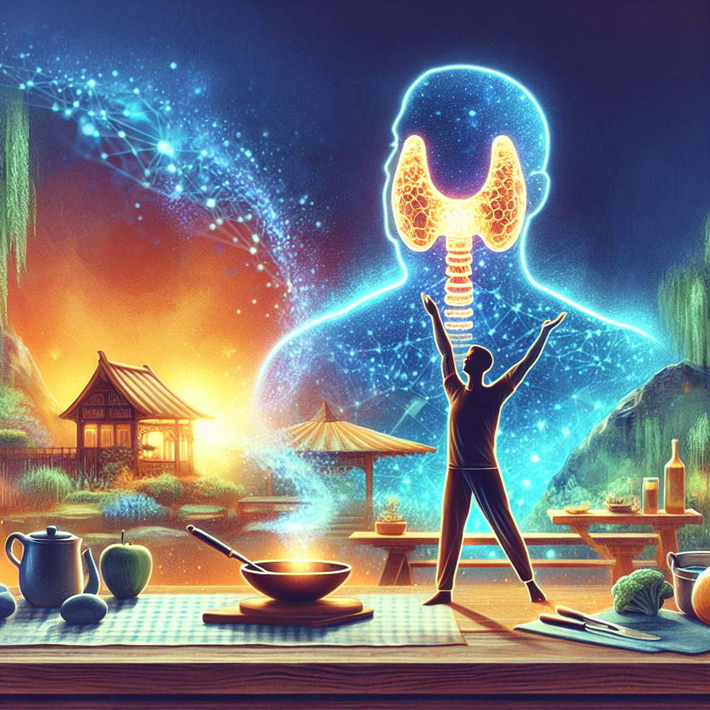A person, looking healthy and energetic, is gently stretching or preparing a nutritious meal in a bright, inviting kitchen or garden setting. A subtle, glowing representation of the thyroid gland is integrated into the background or foreground, symbolizing a boosted metabolism despite hypothyroidism. The overall mood is positive, empowering, and balanced, emphasizing wellness and vitality.
