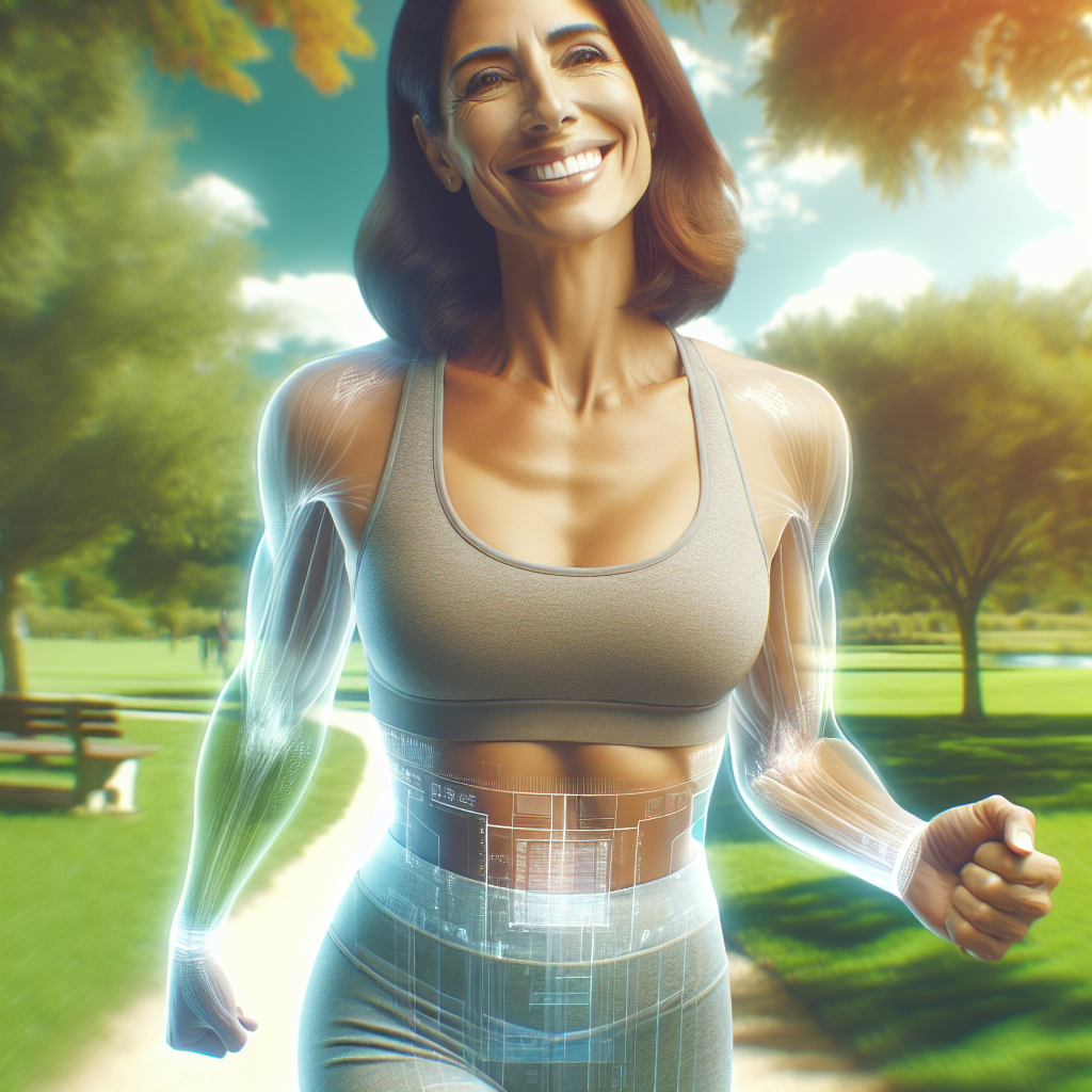 A radiant and energetic person (gender-neutral, appearing in their late 40s or early 50s) smiling brightly while engaging in a light physical activity like a brisk walk or gentle stretching outdoors in a sunny, green park. The image should convey vitality, health, and a boosted metabolism, with a dynamic and uplifting atmosphere. Realistic, blog header style.