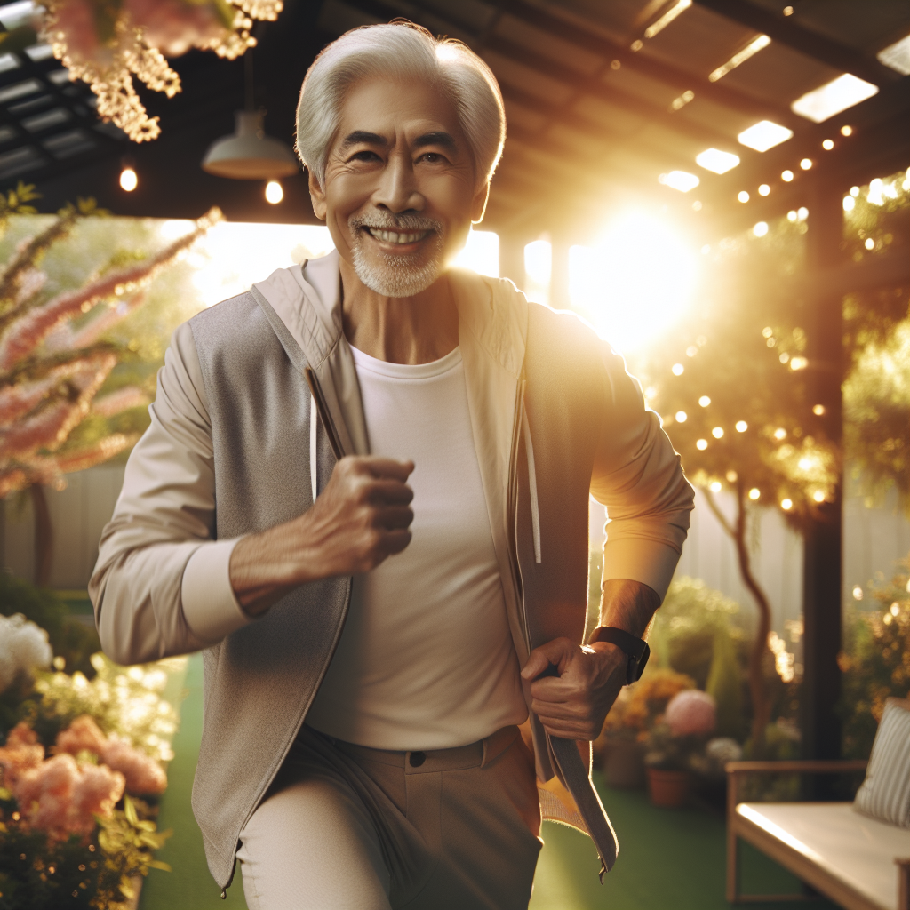 A vibrant and active senior person, approximately 60-70 years old, smiling confidently and full of energy. They are depicted in a dynamic pose, perhaps briskly walking in a sunny park or performing a gentle stretch indoors. The image should convey vitality, health, and a sense of well-being, with elements suggesting an active lifestyle that boosts metabolism. Realistic photography style with bright, positive lighting.