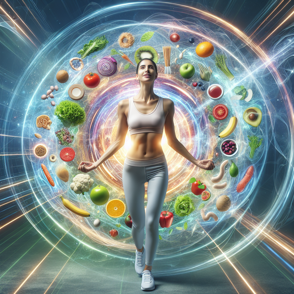 A vibrant, energetic woman with a joyful expression, wearing light fitness attire, is surrounded by a dynamic swirl of colorful, healthy foods like fresh fruits, vegetables, and lean protein. Abstract glowing lines and subtle gears or flame-like elements emanate from her core, symbolizing a boosted metabolism and calorie burning. The background is bright and clean, evoking a sense of well-being and an active lifestyle. High-quality digital art, motivational and inspiring.