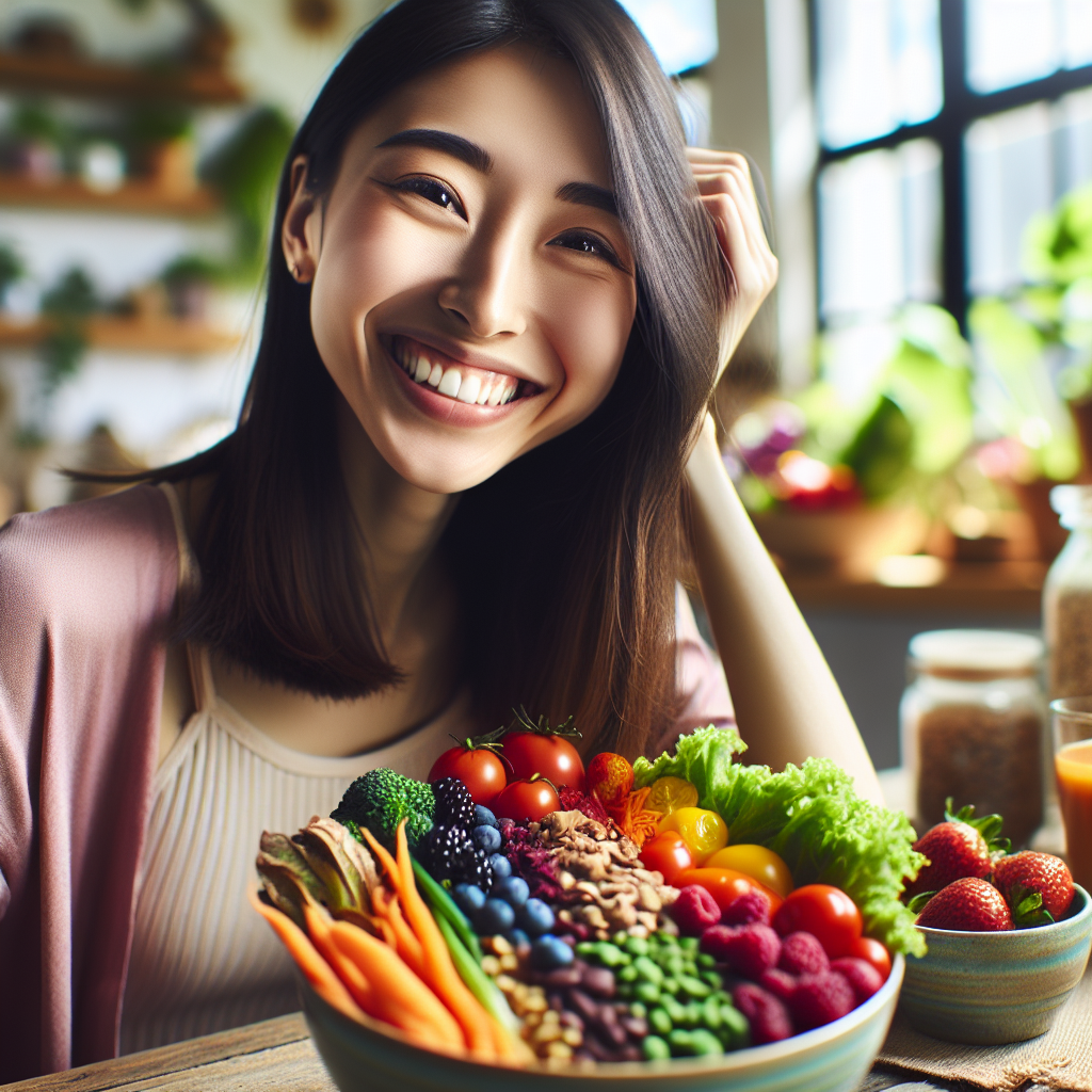 A vibrant, energetic young adult smiling, actively enjoying a colorful vegan meal, surrounded by an abundance of fresh plant-based ingredients such as leafy greens, berries, lentils, nuts, and whole grains. The setting is bright and clean, conveying health, vitality, and a naturally boosted metabolism. The aesthetic is modern, inviting, and full of natural light.