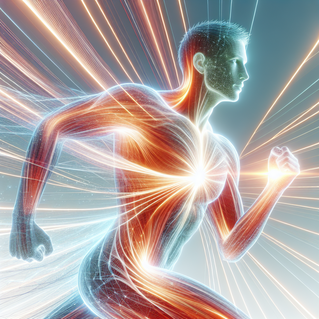 A vibrant, energetic person (gender neutral, e.g., a person of color or a diverse individual), radiating a subtle warm glow or dynamic energy lines, symbolizing an activated metabolism. They are in a dynamic, healthy pose, perhaps mid-stretch or a light jog, against a clean, bright, and slightly abstract background that conveys vitality and well-being. The style is modern, aspirational, and clean, emphasizing health and internal vigor.