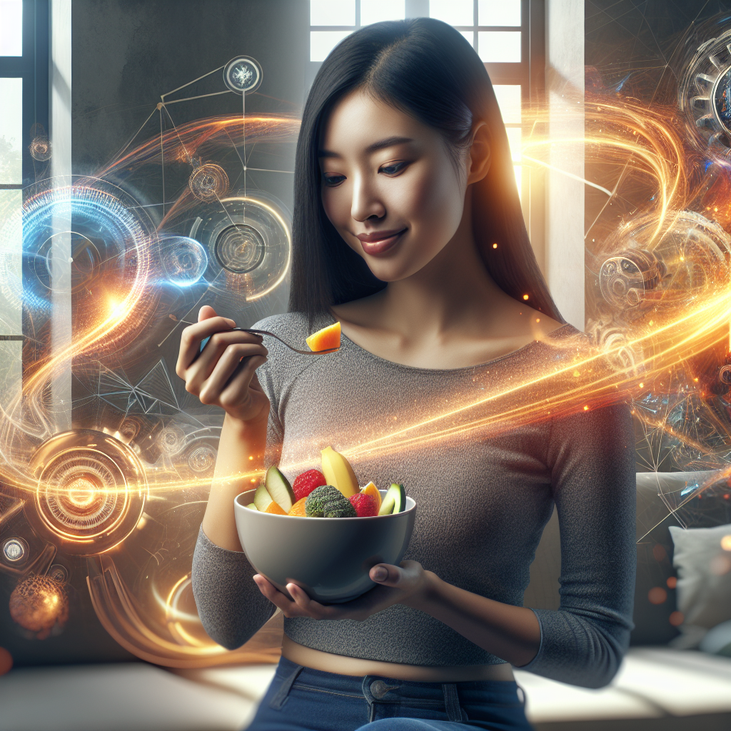 A vibrant, energetic person in a comfortable, modern home setting, casually engaged in a non-athletic daily activity like enjoying a healthy snack, sipping tea, or reading. Subtle, warm, glowing energy streams or abstract gears gently circulate around them, visually representing an active, boosted metabolism working efficiently without the need for strenuous exercise. The atmosphere is calm, inviting, and emphasizes well-being and vitality achieved through everyday habits.