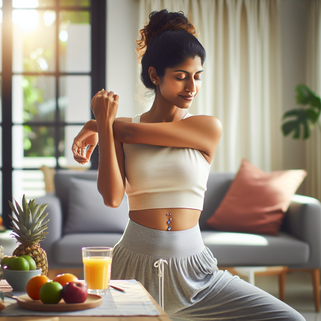 A vibrant, energetic woman, recently post-pregnancy, practicing gentle yoga or stretching in a bright, modern living room. She has a serene, empowered expression, and the scene emphasizes well-being and a gentle return to activity. Elements like fresh fruit, a glass of water, and natural light subtly convey healthy lifestyle choices. The image should be a high-quality, inspiring photograph with a soft, warm color palette.
