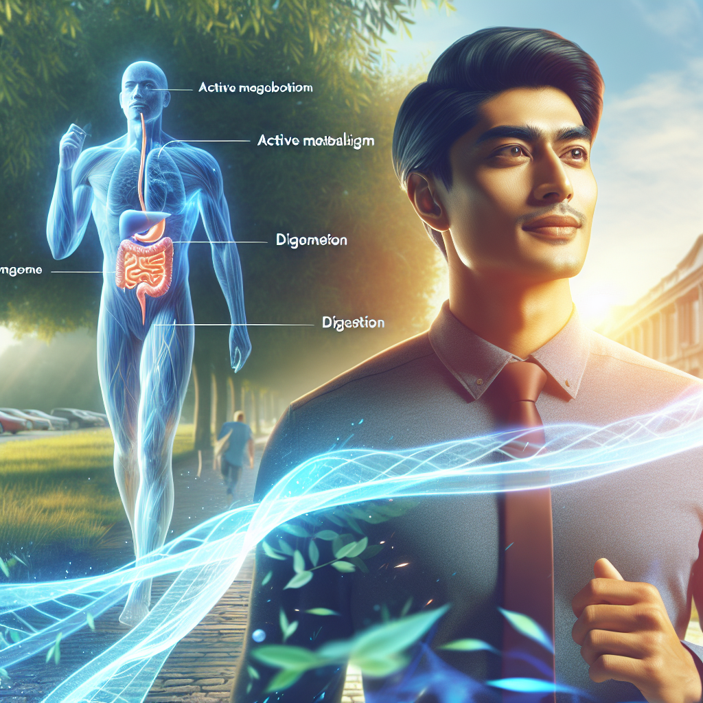 A person looking refreshed and energetic, taking a light post-meal stroll in a sunny park. The scene should subtly imply active metabolism through dynamic, gentle energy flows around them, symbolizing health and efficient digestion. A vibrant, positive atmosphere, modern realistic style.