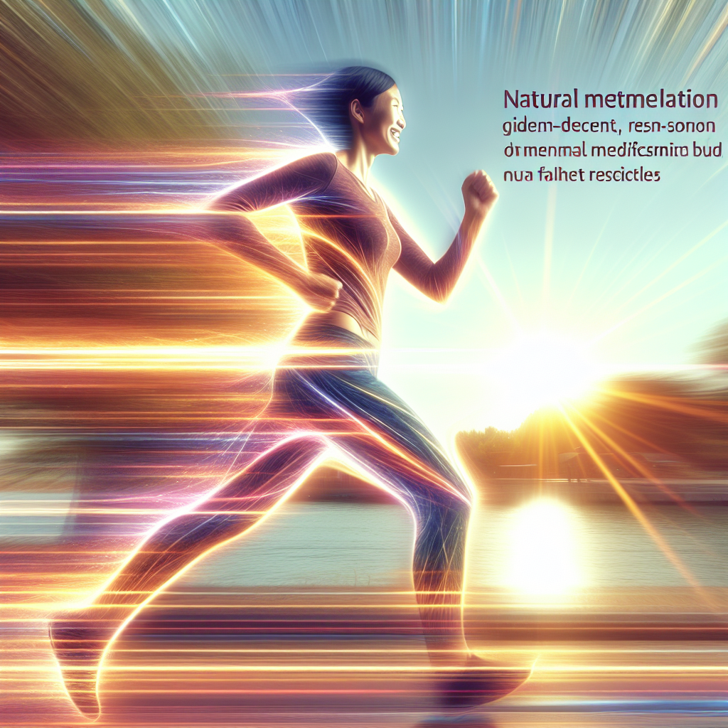 A vibrant, energetic person (gender-neutral) moving briskly and joyfully outdoors in a natural setting, like a park or by a lake, with dynamic, subtle visual effects representing internal energy and a boosted metabolism. Emphasize natural wellness, a healthy lifestyle, and vitality, not diet restrictions. Bright, optimistic, and inspiring.