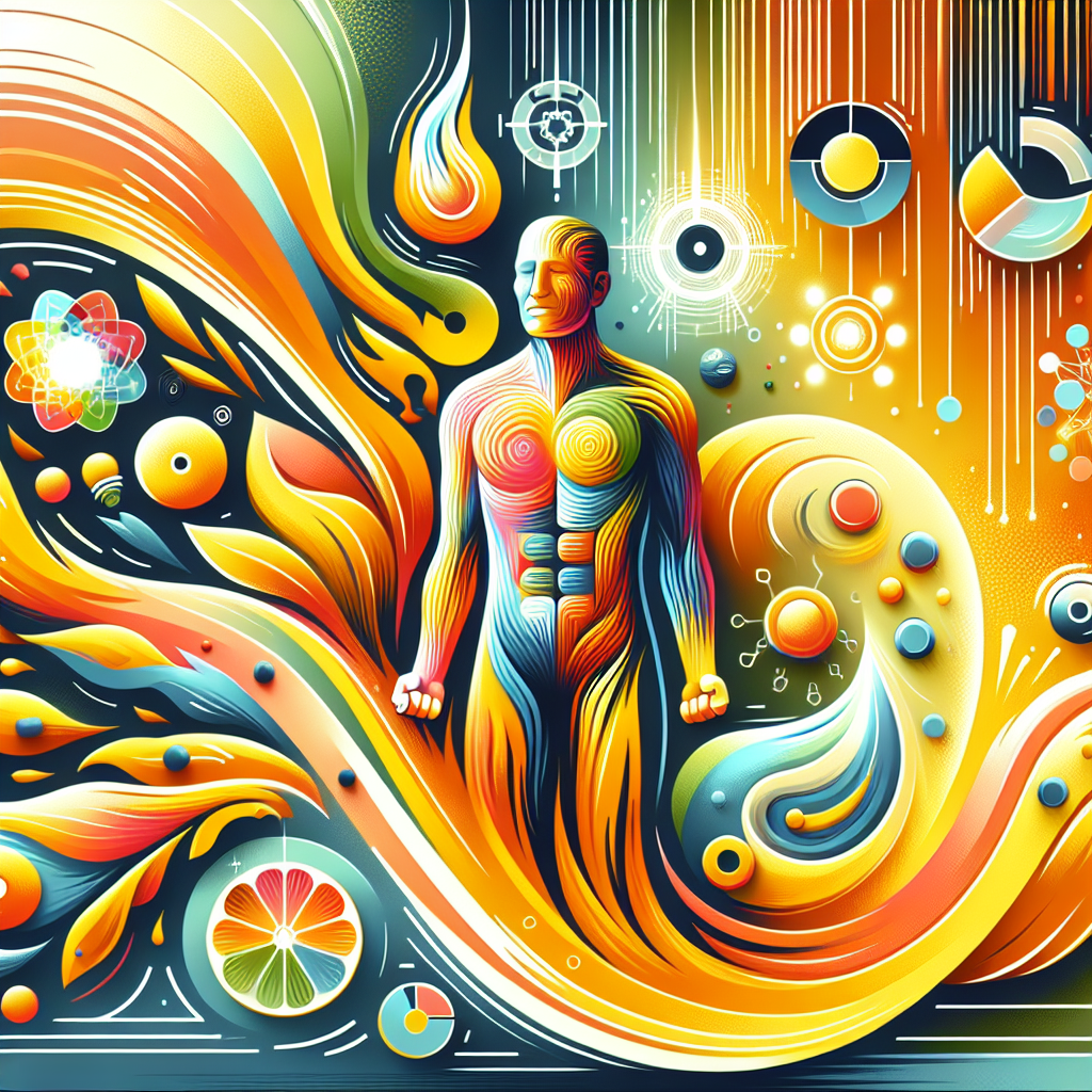 An energetic and vibrant image depicting a stylized human figure radiating health and vitality, surrounded by dynamic, abstract visual elements symbolizing a fast metabolism, increased energy flow, and efficient fat burning. Use bright, uplifting colors and a modern, clean art style.