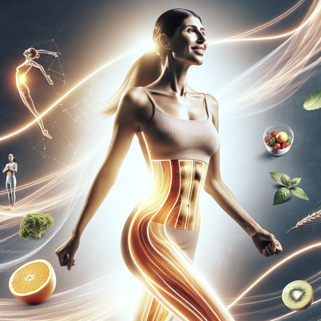 A dynamic and inspiring image featuring a healthy, confident person with a radiant inner glow, symbolizing an active and efficient metabolism. The person appears revitalized and joyfully in motion (e.g., a gentle stride or stretch), with a subtly slimmer silhouette. Surrounding them, elements representing a sustainable lifestyle are harmoniously integrated: fresh, vibrant fruits and vegetables, a subtle hint of movement or exercise in the background, and warm, flowing energy lines that convey both efficiency and lasting wellness. The overall aesthetic should be modern, clean, and optimistic, emphasizing effective weight loss and holistic well-being.