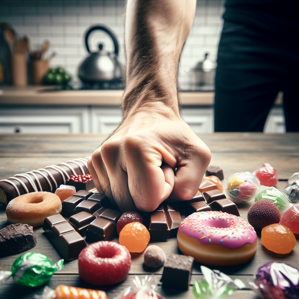 A person's hand firmly pushes away a colorful, tempting pile of sugary snacks like chocolates, candies, and a donut. The background is a slightly blurred, modern kitchen. The image conveys a sense of control, determination, and resistance against sweet cravings. Realistic photography, sharp focus on the hand and sweets, empowering mood.