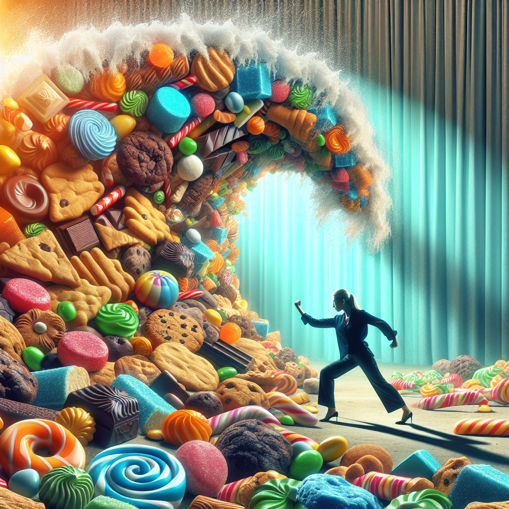 A conceptual image depicting a person's inner struggle against sugar cravings. A determined human figure, standing firm, is resisting or pushing back against an engulfing wave or vortex made of various tempting sugary treats like colorful candies, chocolates, and cookies, symbolizing overcoming 'Süßigkeiten Hunger'. The overall mood should be one of control, empowerment, and breaking free from unhealthy desires. Dynamic lighting, high detail, vibrant colors on the sweets contrasting with the person's calm demeanor.
