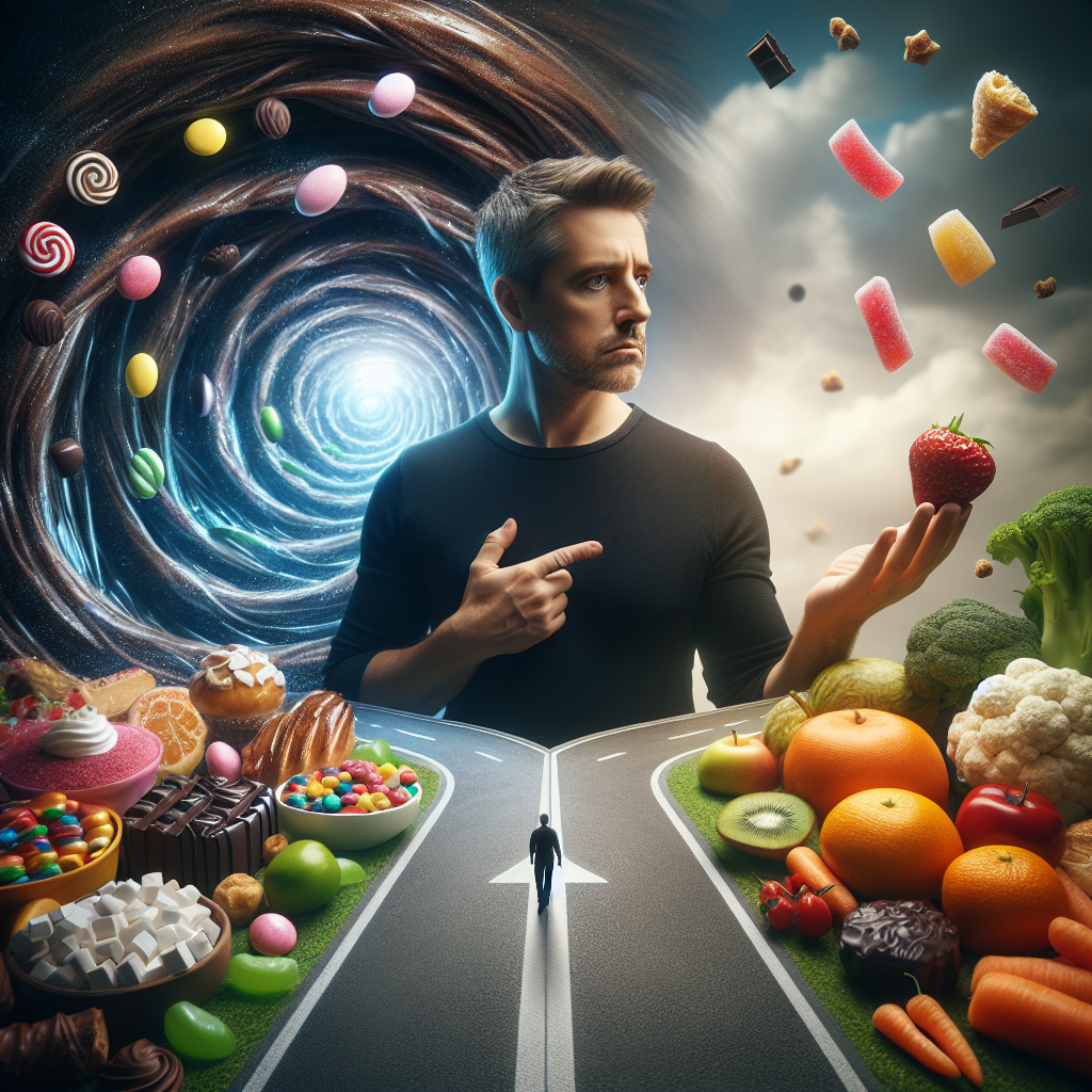 A person with a thoughtful expression is standing at a mental crossroads. On one side, a dark, swirling vortex of tempting, colorful candies, chocolates, and pastries seems to pull them in. On the other side, a bright, clear path leads towards fresh fruits, vegetables, and a sense of calm and freedom. The person is reaching slightly towards the healthy path, symbolizing the struggle and the choice to overcome sugar addiction. The atmosphere conveys both temptation and the hope of breaking free. Soft, conceptual lighting, realistic style.