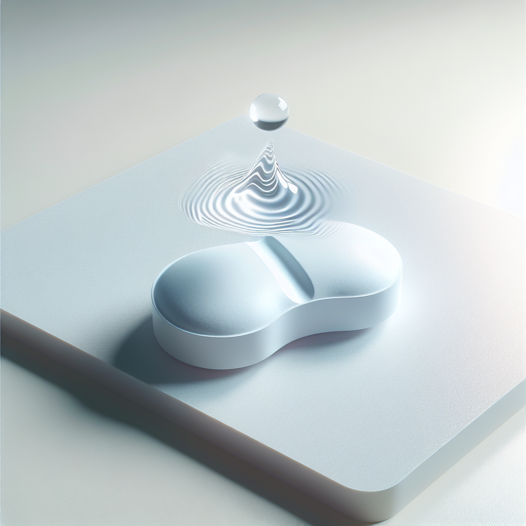 A single, elegant white pharmaceutical tablet is centrally placed on a clean, light surface. A subtle, conceptual representation of hunger, such as a faint, dissipating cloud or a calming ripple effect, is emanating from or being neutralized by the tablet. The background is minimalist and out of focus, emphasizing a sense of control and satiety. Modern, realistic style with soft, natural lighting.