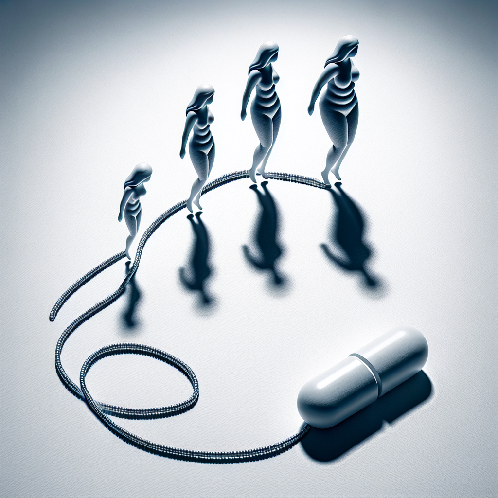 A conceptual image illustrating the 'yo-yo effect' after taking weight loss pills. Show a stylized diet pill at the bottom of a downward trajectory, leading to a slimmer silhouette, which then immediately curves upwards back to a larger silhouette, like the string of a classic yo-yo. The yo-yo string itself could be made of several pills. Clean, modern, and symbolic style with good lighting.