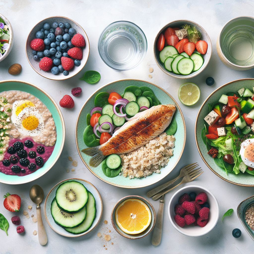 A vibrant, aesthetically pleasing flat lay of three distinct, healthy meals representing a full day's menu for weight loss. Include a colorful breakfast (e.g., berry oatmeal), a fresh lunch (e.g., a green salad with lean protein), and a balanced dinner (e.g., baked fish with roasted vegetables), all arranged on a light background with subtle healthy elements like a glass of water or a piece of fruit. The food should look delicious and inviting, emphasizing wellness and fresh ingredients.