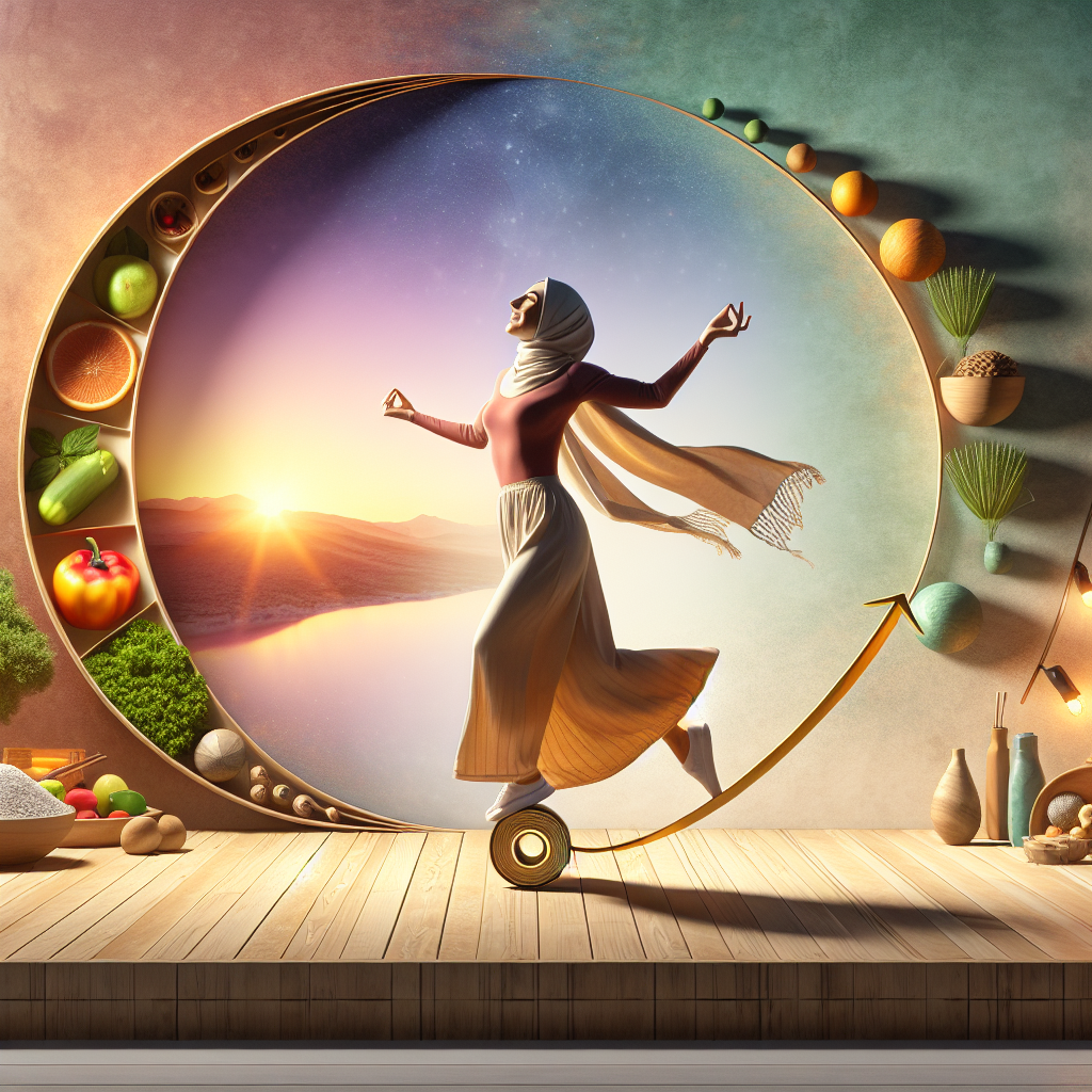 A person joyfully breaking free from a metaphorical yo-yo that represents weight fluctuations, stepping onto a stable, upward path towards lasting health and well-being. The background shows elements of a balanced lifestyle like fresh food, light exercise, and a sense of calm. Emphasize sustainability and a gentle, positive journey away from the yo-yo effect. Digital art, warm and encouraging lighting.