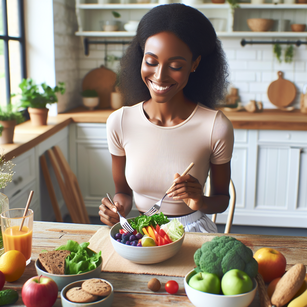A serene and happy person enjoying a healthy, colorful meal at a kitchen table in a bright, modern home. The scene conveys a sense of calm, mindful eating and effortless well-being, without any gym equipment or workout gear visible. Focus on fresh ingredients like vegetables, fruits, and lean protein on the plate. The overall mood is relaxed and healthy living, not strenuous activity. Soft, natural lighting.