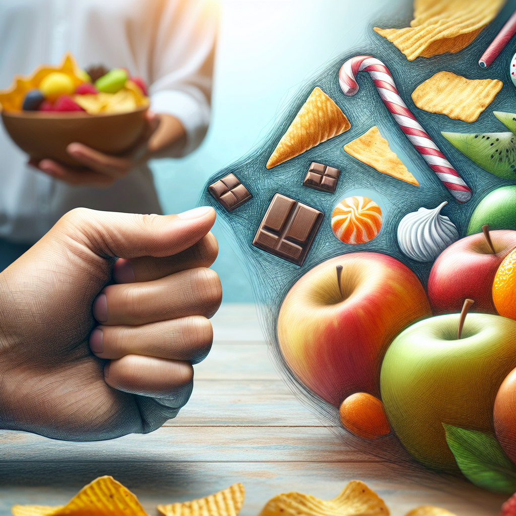 A person's hand calmly pushing away a blurry, overwhelming wave of unhealthy snacks (chips, chocolate, sweets) while the other hand confidently reaches for a crisp, fresh apple or a vibrant bowl of fruit. The scene is bright and clean, emphasizing mindful choice and control over food cravings. High-quality photo, soft lighting.
