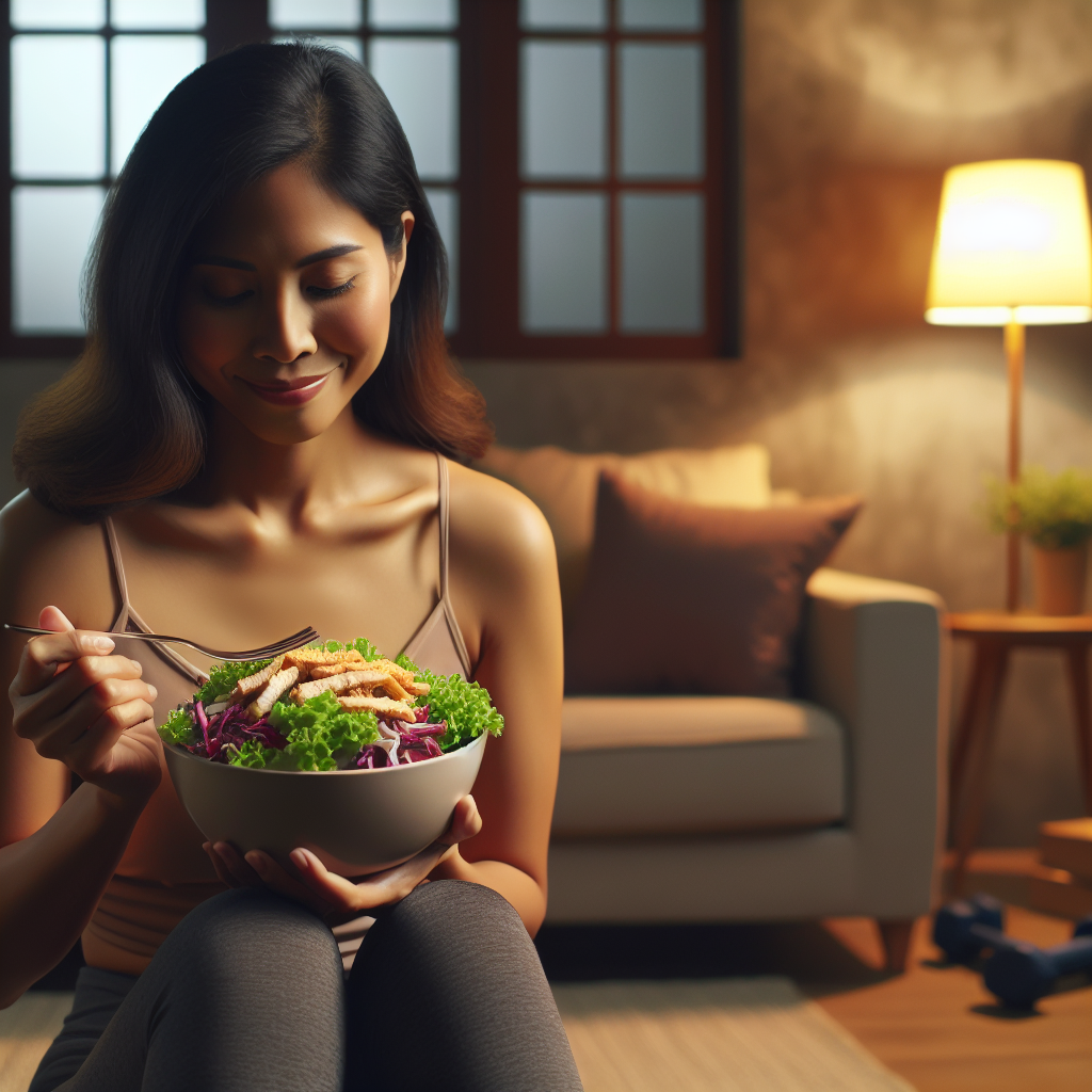 A person in a comfortable home setting, happily enjoying a plate of fresh, healthy food (e.g., a colorful salad with lean protein), with no exercise equipment visible, emphasizing effortless weight loss through diet. The overall mood is relaxed and content.